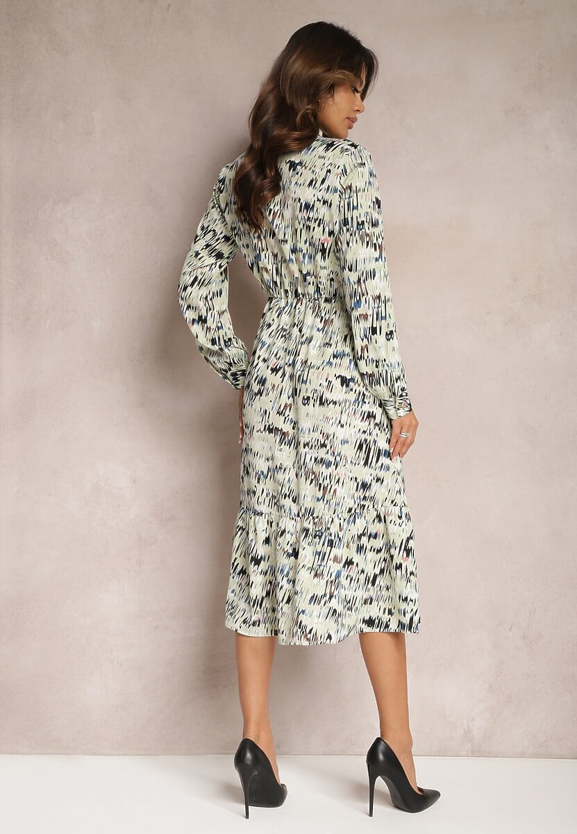 Zielona Rozkloszowana Sukienka Midi z Falbanką i Gumką w Talii Viglira