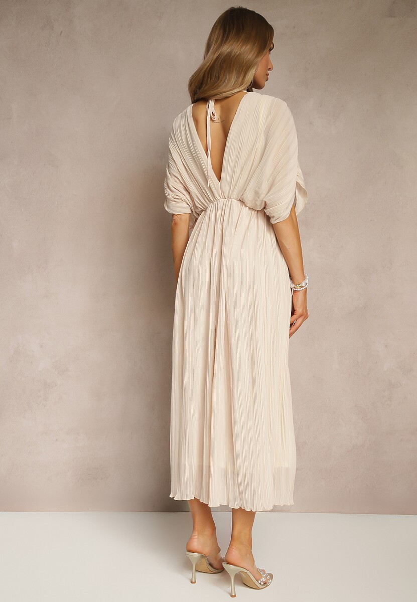 Beżowa Luźna Sukienka Wiązana na Szyi Taliowana z Rozkloszowanym Dołem Napovira