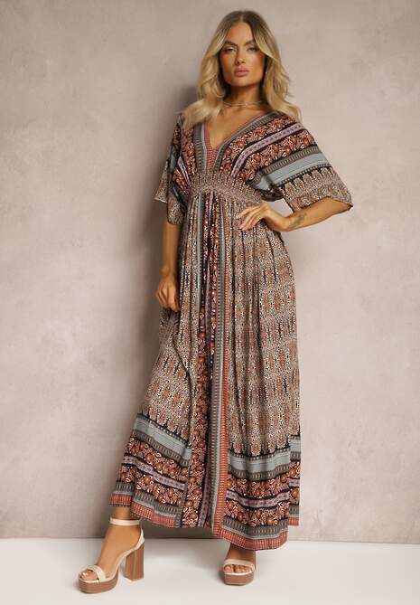 Brązowa Sukienka w Stylu Etnicznym z Gumką w Pasie Wiązana na Plecach Lixara