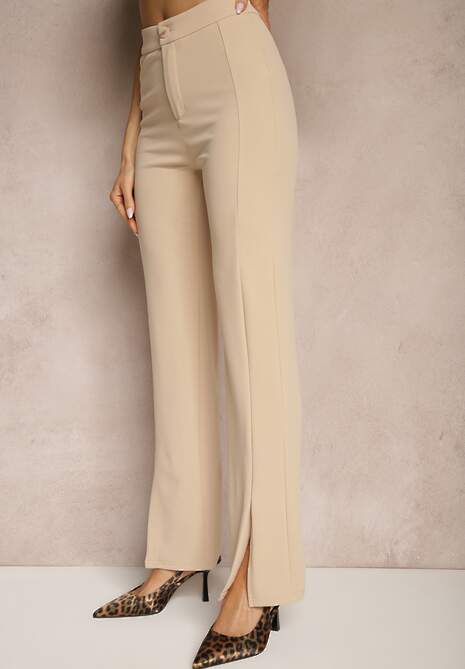 Beżowe Spodnie z Wiskozą High Waist w Eleganckim Stylu Tatariela
