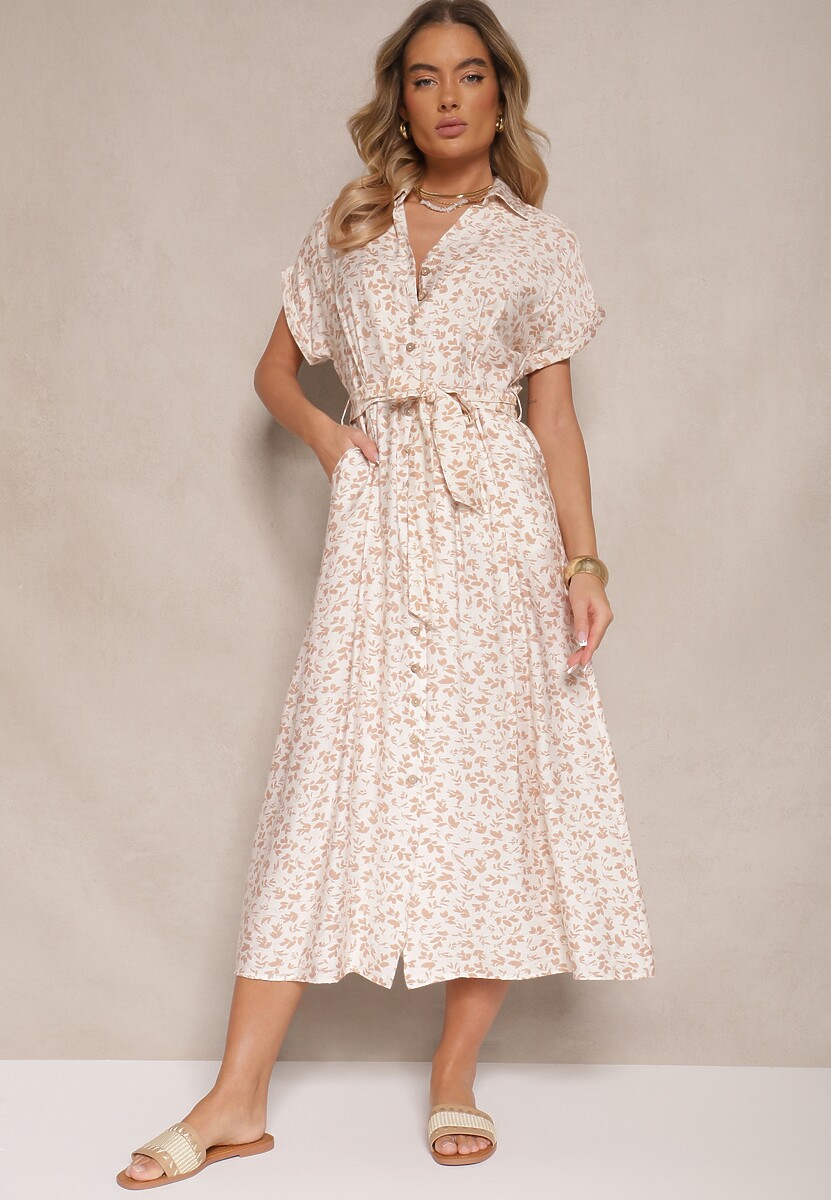 Czerwona Koszulowa Sukienka z Bawełny w Kwiatowy Print z Wiązanym Paskiem Amoisse