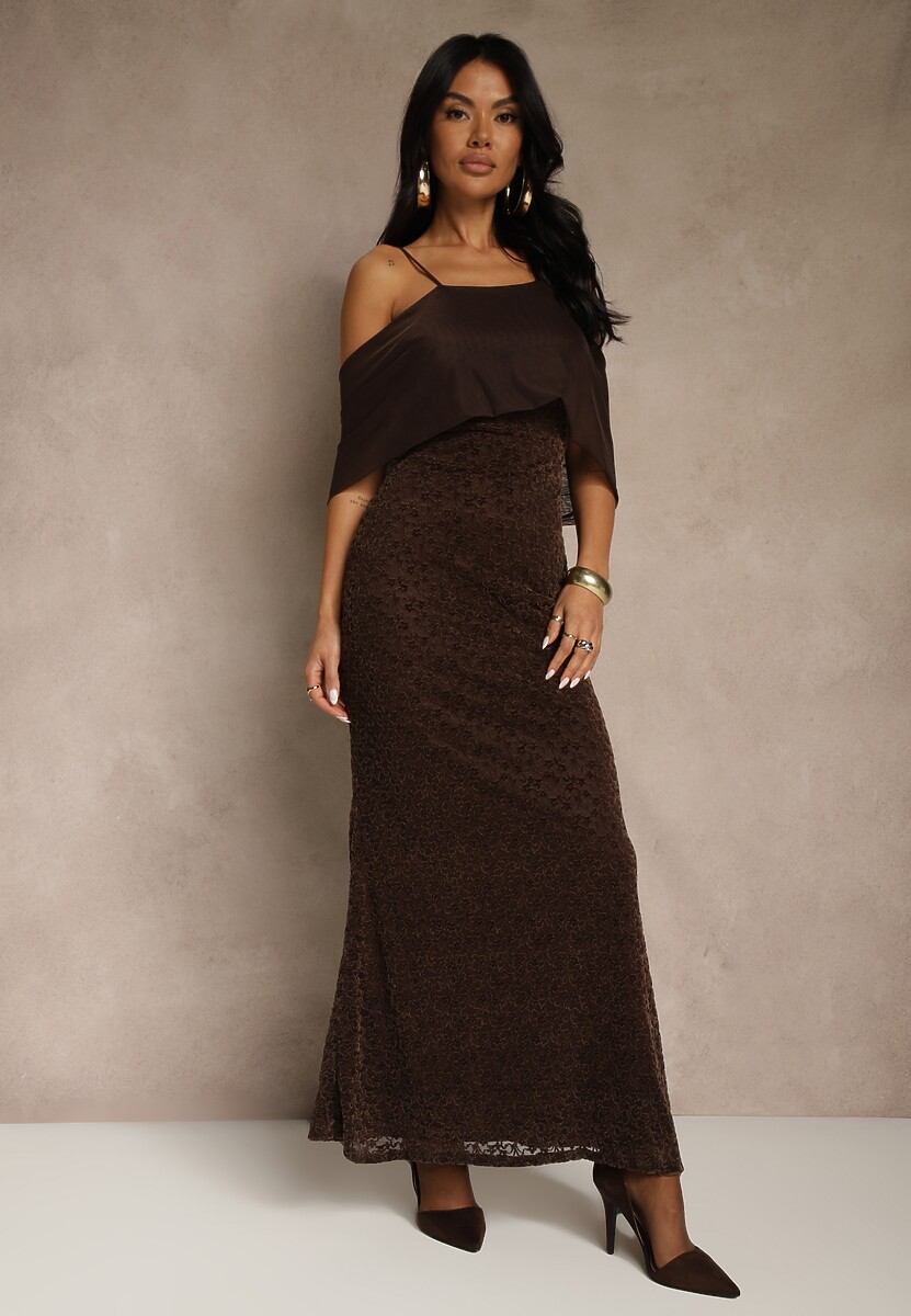 Brązowa Sukienka o Asymetrycznym Kroju Ozdobiona Falbaną Owedia