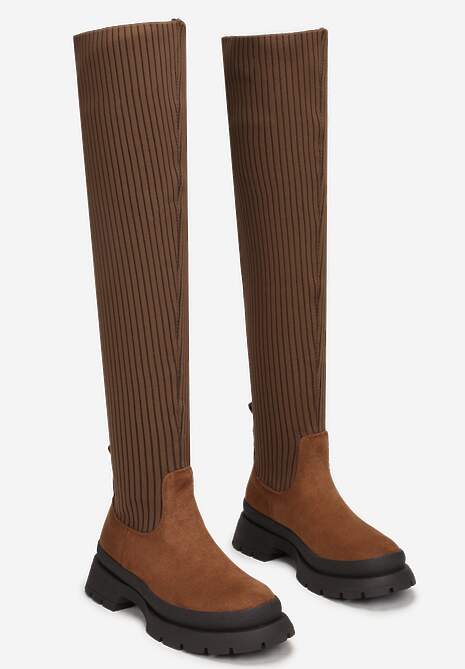 Brązowe Kozaki za Kolano z Elastyczną Cholewką Uruau