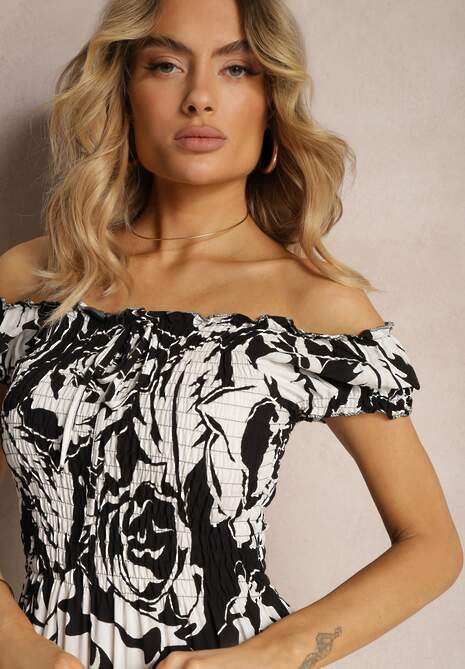 Czarno-Biała Wiskozowa Sukienka Typu Hiszpanka o Rozkloszowanym Kroju z Marszczoną Górą Fereri