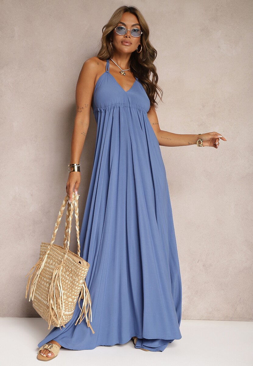 Granatowa Rozkloszowana Sukienka Bawełniana z Wiązaniem na Szyi Panethea