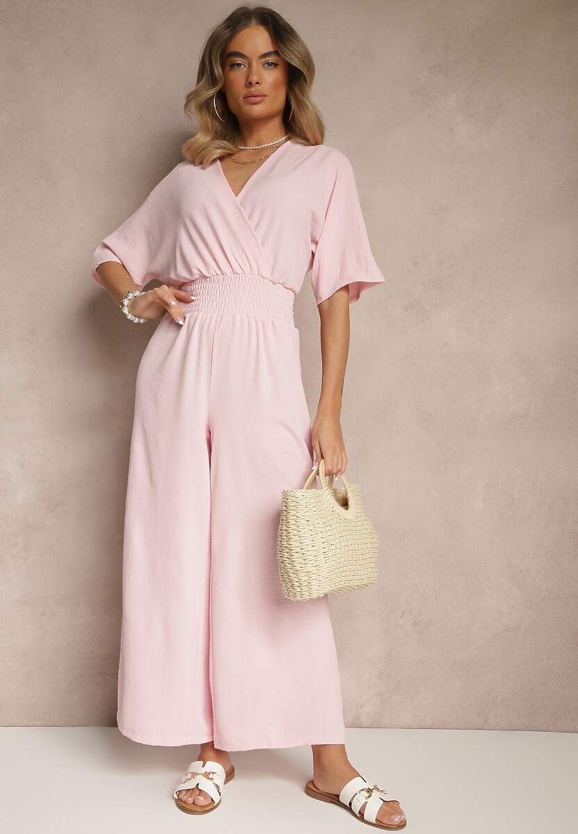 Brązowy Taliowany Kombinezon z Zakładkowym Dekoltem i Gumką w Pasie Vimalynna