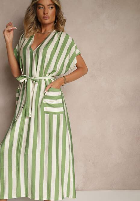 Zielona Pudełkowa Sukienka z Wiskozą z Motywem Pasków i Wiązaniem Lumierae