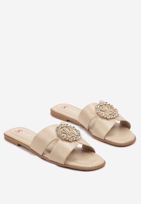 Beżowe Klapki Ozdobione Cyrkoniami i Aplikacją Eranoris