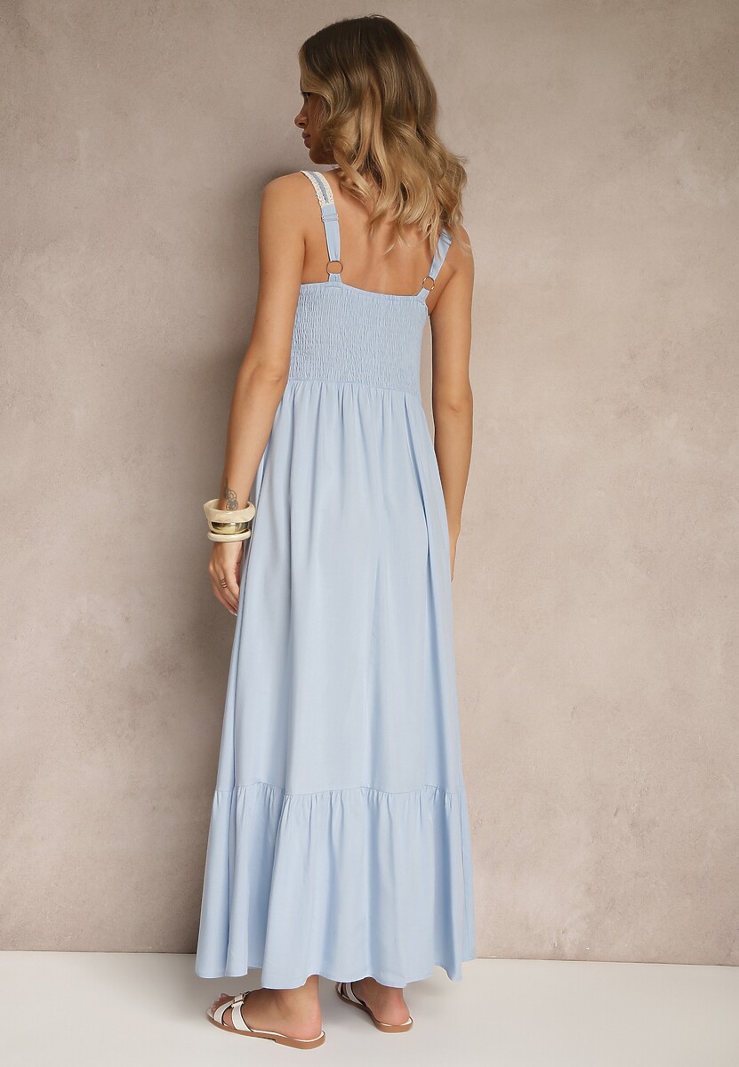 Niebieska Wiskozowa Sukienka z Haftami na Ramiączkach o Rozkloszowanym Kroju Efralisse