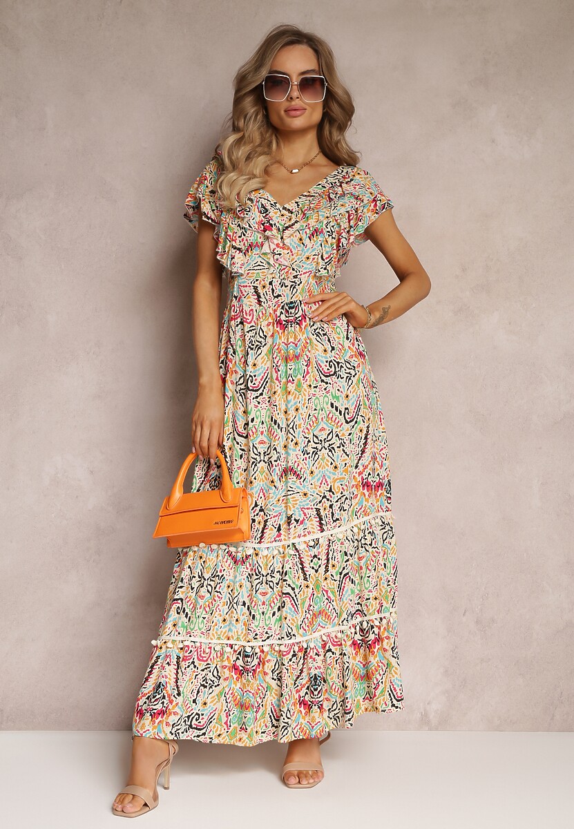 Beżowa Wiskozowa Sukienka Maxi z Pomponami i Gumką w Talii Belmona