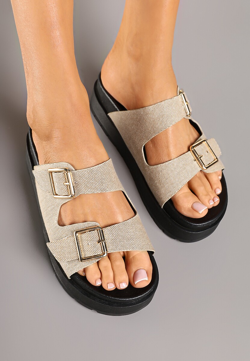 Beżowe Klapki  na Platformie z Paskami ze Sprzączkami Kaliora