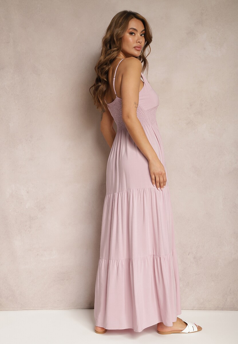 Różowa Sukienka Bawełniana Rozkloszowana Długa na Cienkich Ramiączkach z Regulacją Shalletia