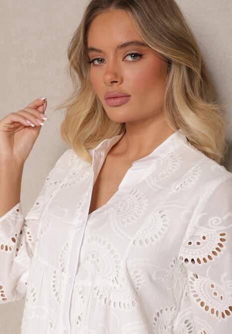 Biała Haftowana Sukienka Boho z Bawełny o Rozkloszowanym Kroju Helavira