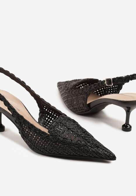 Czarne Sandały na Szpilce z Geometrycznym Zdobieniem Typu Slingback Nevonira