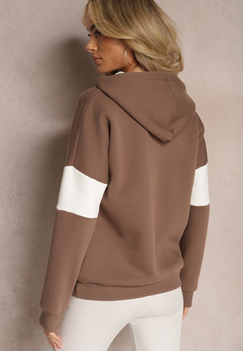 Brązowa Bawełniana Bluza z Kapturem w Amerykańskim Stylu z Napisem i Polarem Iocaste