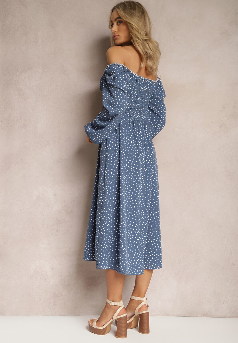 Granatowa Midi Sukienka Rozkloszowana w Kropki Gernia