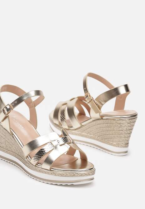 Złote Sandały z Ekoskóry na Koturnie Zapinane przy Kostce na Sprzączkę Natalea