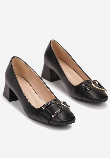 Czarne Czółenka na Obcasie z Lakierowanej Imitacji Skóry Lohani