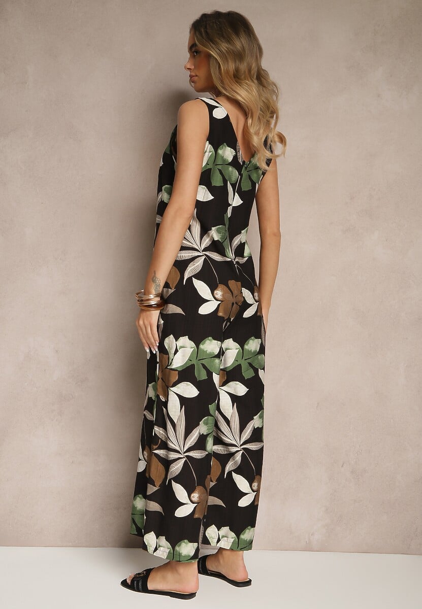 Czarny Kombinezon Wide Leg z Wiskozą na Ramiączkach Filitiela