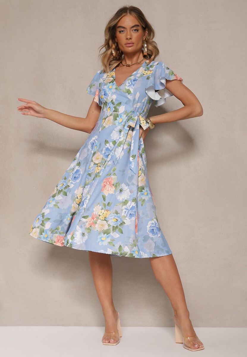 Jasnoniebieska Kopertowa Sukienka w Kwiaty Atesalia
