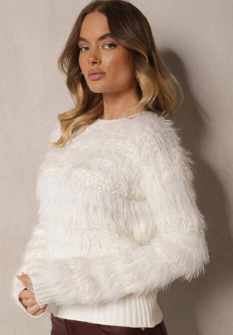 Biały Sweter z Wełną Ozdobiony Ściągaczami i Długim Włosiem Sialora