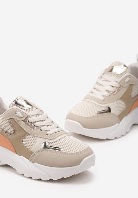 Ciemnobeżowe Sneakersy z Metalicznymi i Siateczkowymi Wstawkami Efalia