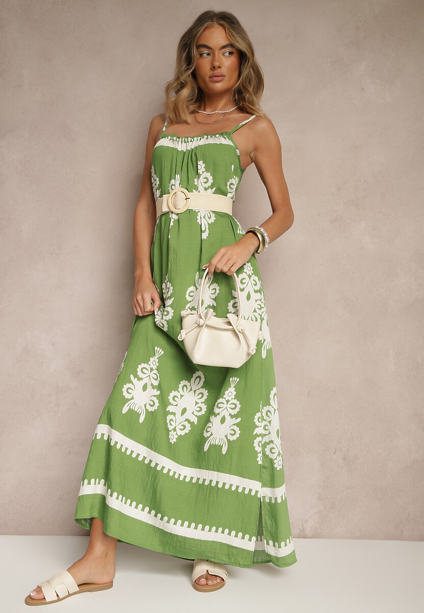 Zielona Rozkloszowana Sukienka na Ramiączkach w Ornamentalny Print Reveleine