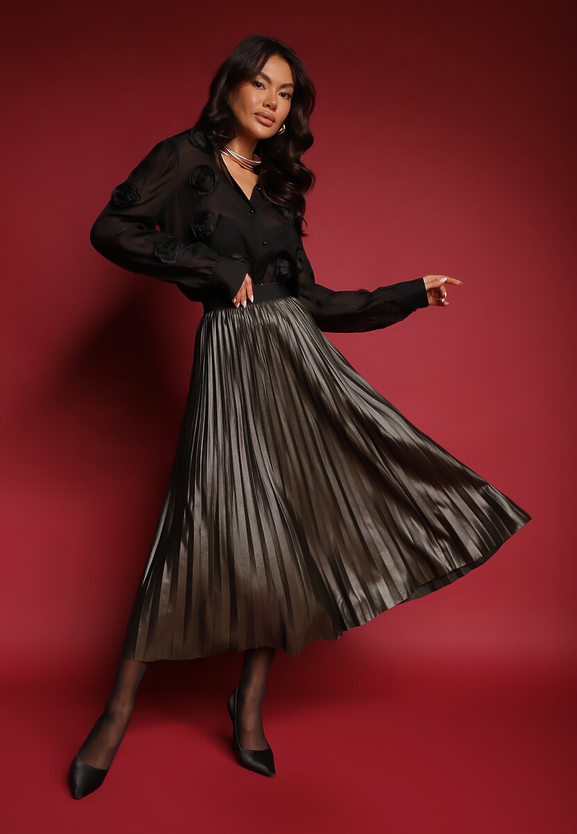 Ciemnozielona Plisowana Spódnica Rozkloszowana z Gumką w Talii Noriri