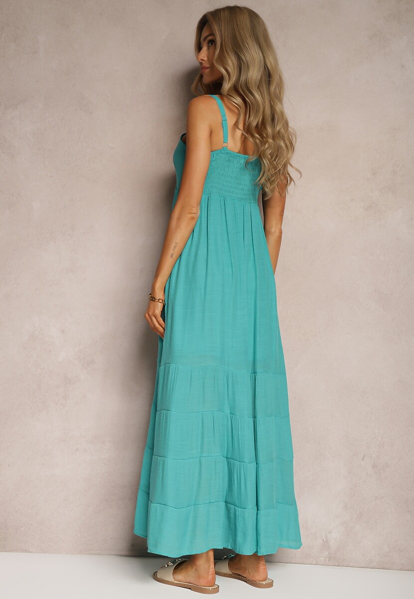 Miętowa Sukienka z Dodatkiem Bawełny na Ramiączkach z Regulacją oraz Gumką z Tyłu Tinanoras