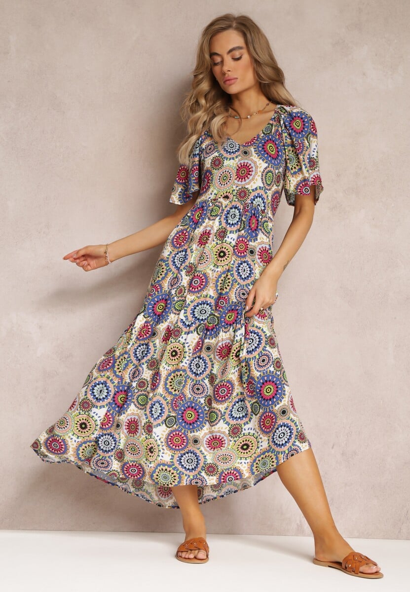 Fuksjowo-Zielona Wiskozowa Sukienka Maxi w Kwiaty z Rozkloszowanym Dołem i Falbanką Pathna