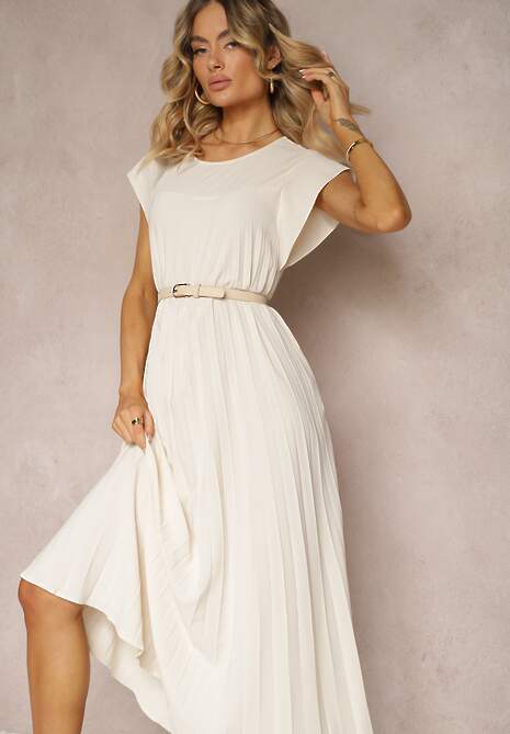 Beżowa Rozkloszowana Sukienka z Plisowaniem i Krótkim Rękawem Hevina