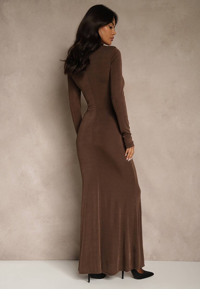 Brązowa Taliowana Sukienka Koktajlowa Lonsgleeve z Elegancką Aplikacją Idirena