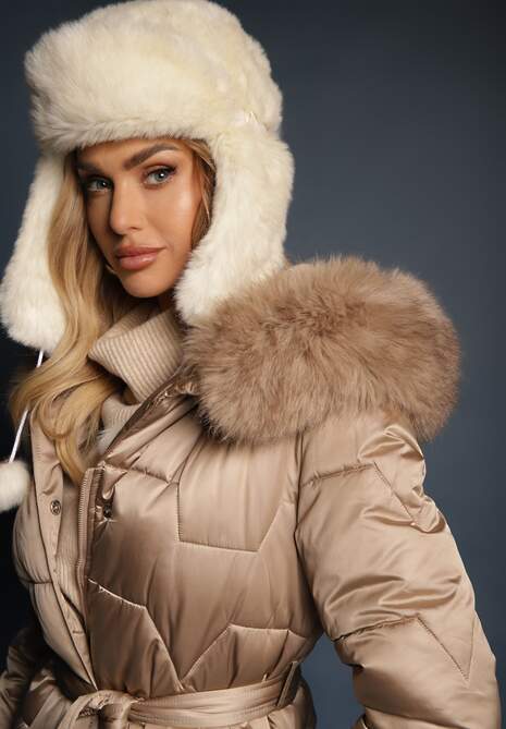 Beżowa Długa Kurtka Pikowana z Odpinanym Kołnierzem i Paskiem Rinarella