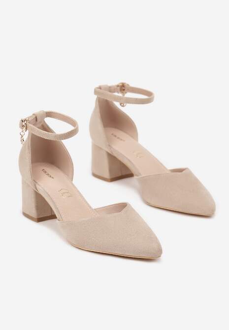 Ciemnobeżowe Czółenka Vices na Słupku ze Skórzaną Wkładką i Ozdobą przy Pasku Lilria