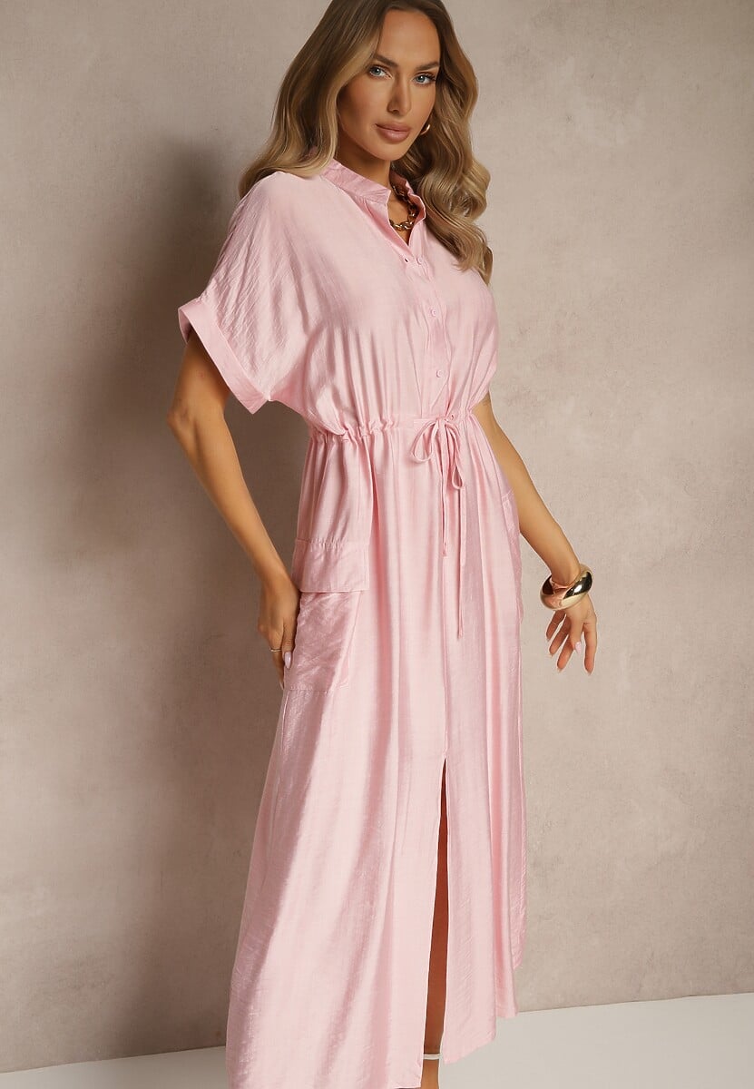 Czarna Sukienka z Wiskozą o Koszulowym Kroju z Wiązaniem w Pasie Pollivia