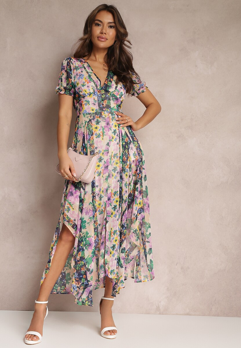 Beżowo-Zielona Asymetryczna Sukienka Maxi z Ozdobnymi Guzikami Nallini