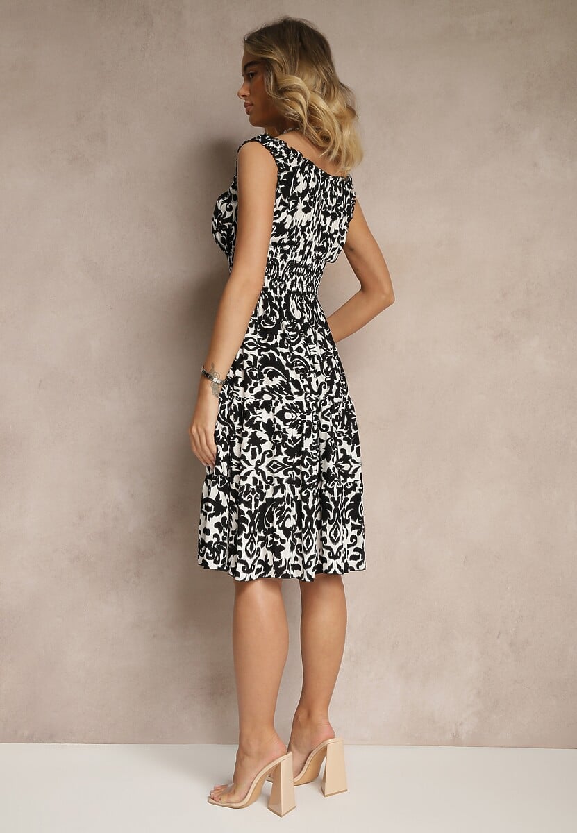 Czarna Sukienka z Bawełny z Geometrycznym Wzorem i Guzikami Liliorae