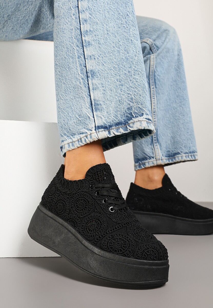 Czarne Szydełkowe Sneakersy Typu Tenisówki na Platformie Filalena