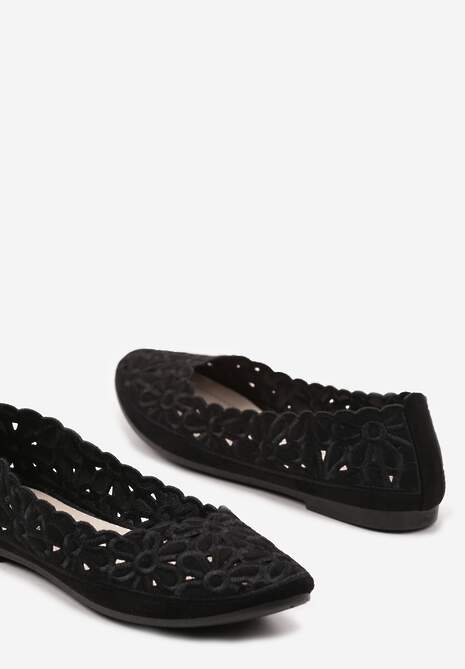 Czarne Ażurowe Balerinki Vices z Haftem w Kwiaty Efasania