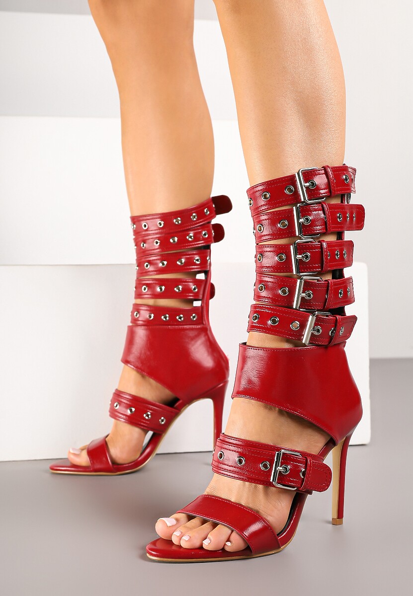 Czerwone Sandały Botki na Obcasie Zdobione Paskami ze Sprzączkami Idamirea