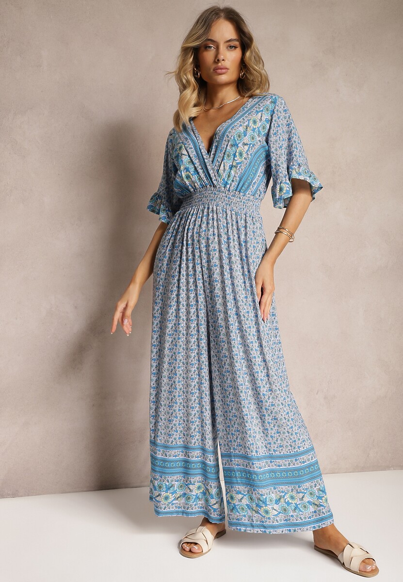 Niebieski Kopertowy Kombinezon Bawełniany z Cienkimi Gumeczkami w Pasie Zapinany na Szyi Orithiama