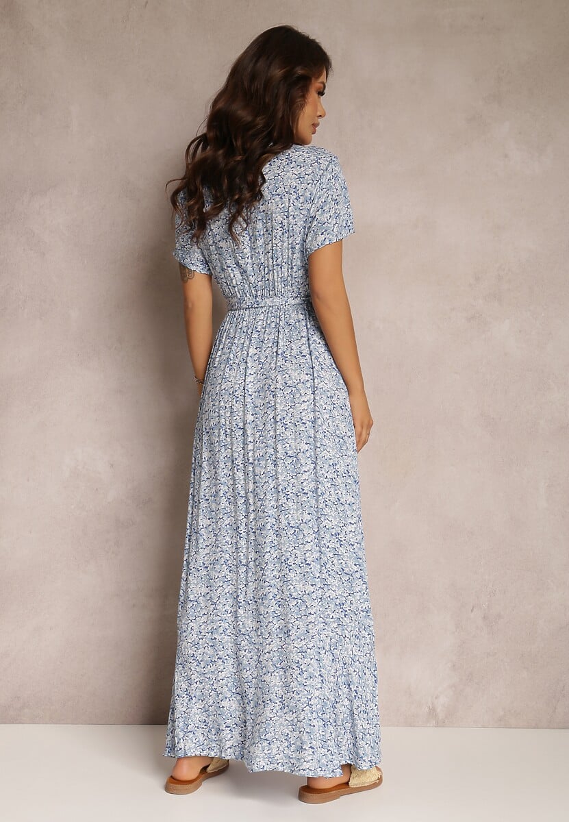 Niebieska Rozkloszowana Sukienka z Wiązanym Paskiem i Ozdobną Falbanką Holm