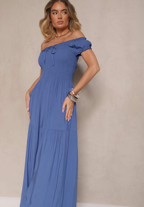 Niebieska Sukienka z Wiskozy w Stylu Hiszpanki Ozdobiona Marszczeniem Jenalena