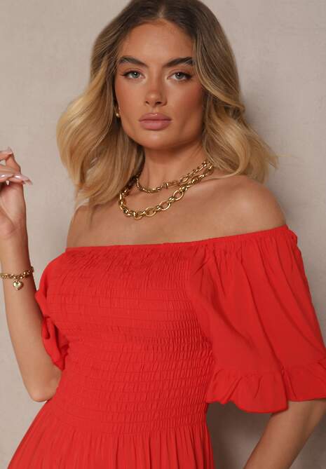 Czerwona Rozkloszowana Sukienka Hiszpanka z Bawełny z Elastyczną Górą Maissa