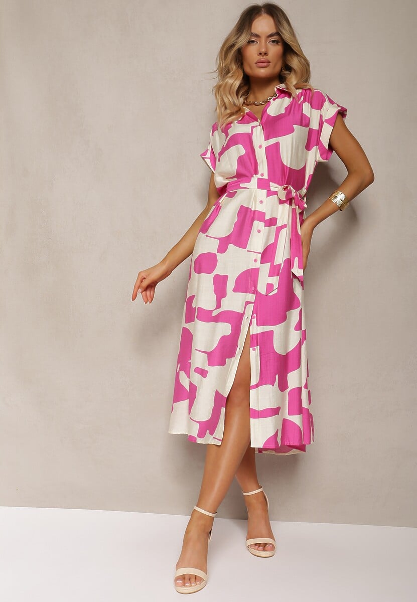 Czarno-Biała Sukienka o Koszulowym Kroju z Materiałowym Paskiem w Talii w Kolorowy Print Hilefia