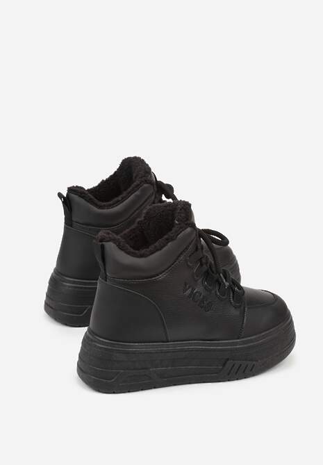 Czarne Sneakersy na Grubej Podeszwie Mocno Ocieplane Futrem Leavinael