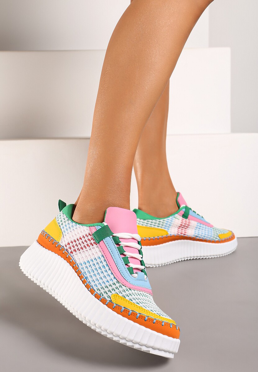 Zielono-Pomarańczowe Sznurowane Sneakersy na Grubej Podeszwie do Kostki Pasapia