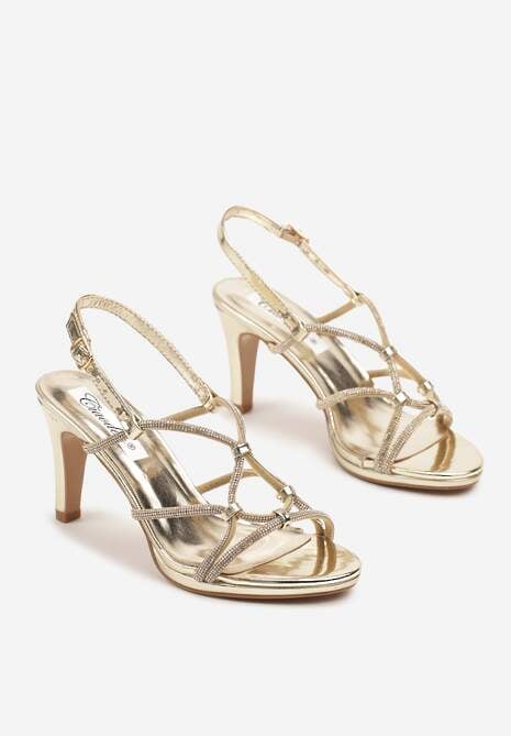 Złote Lakierowane Szpilki Sandały z Cyrkoniowymi Paskami Zivelle