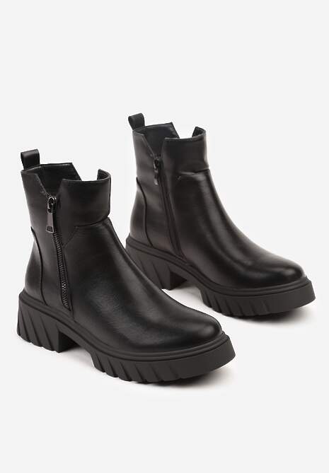 Czarne Botki do Kostki z Suwakiem na Grubej Podeszwie z Tłoczeniami Redvira