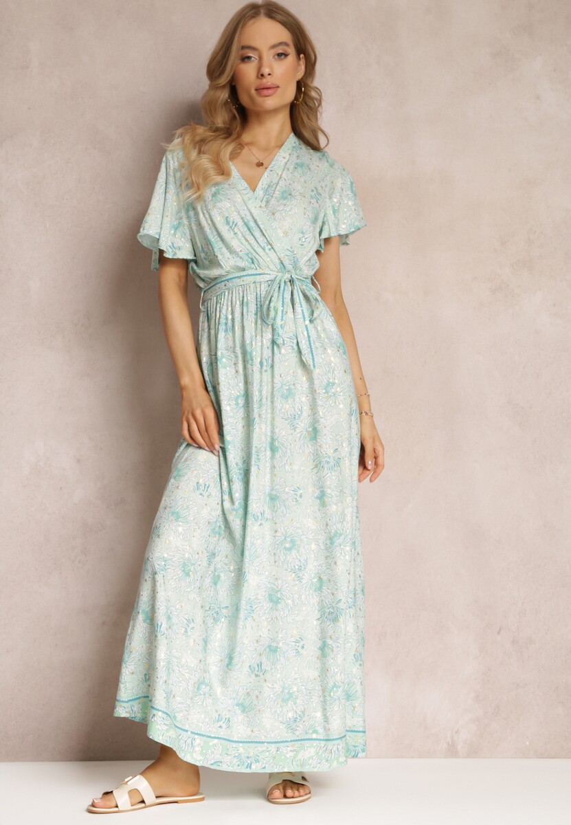 Jasnobeżowa Wiskozowa Sukienka z Metalicznym Wzorem i Gumką w Pasie Carinalia